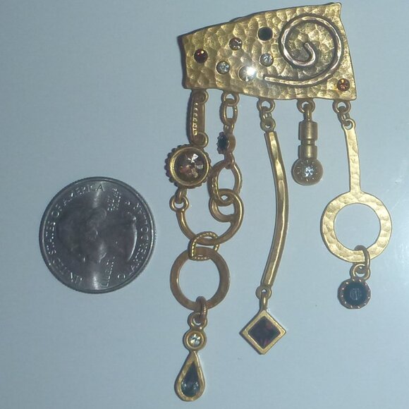 Patricia Locke Tooled Gold Swarovski Crystals Abstract Modern Brooch Pin. - Picture 2 of 4